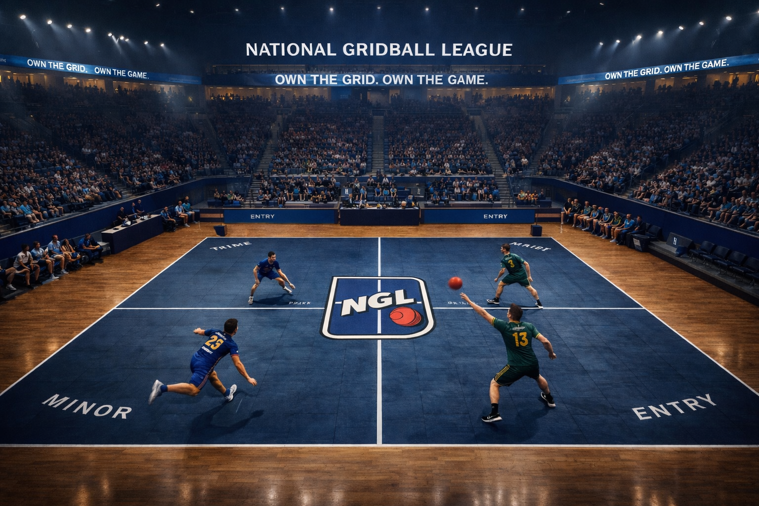 Vision — Gridball gameplay on the four-quadrant court under arena lights