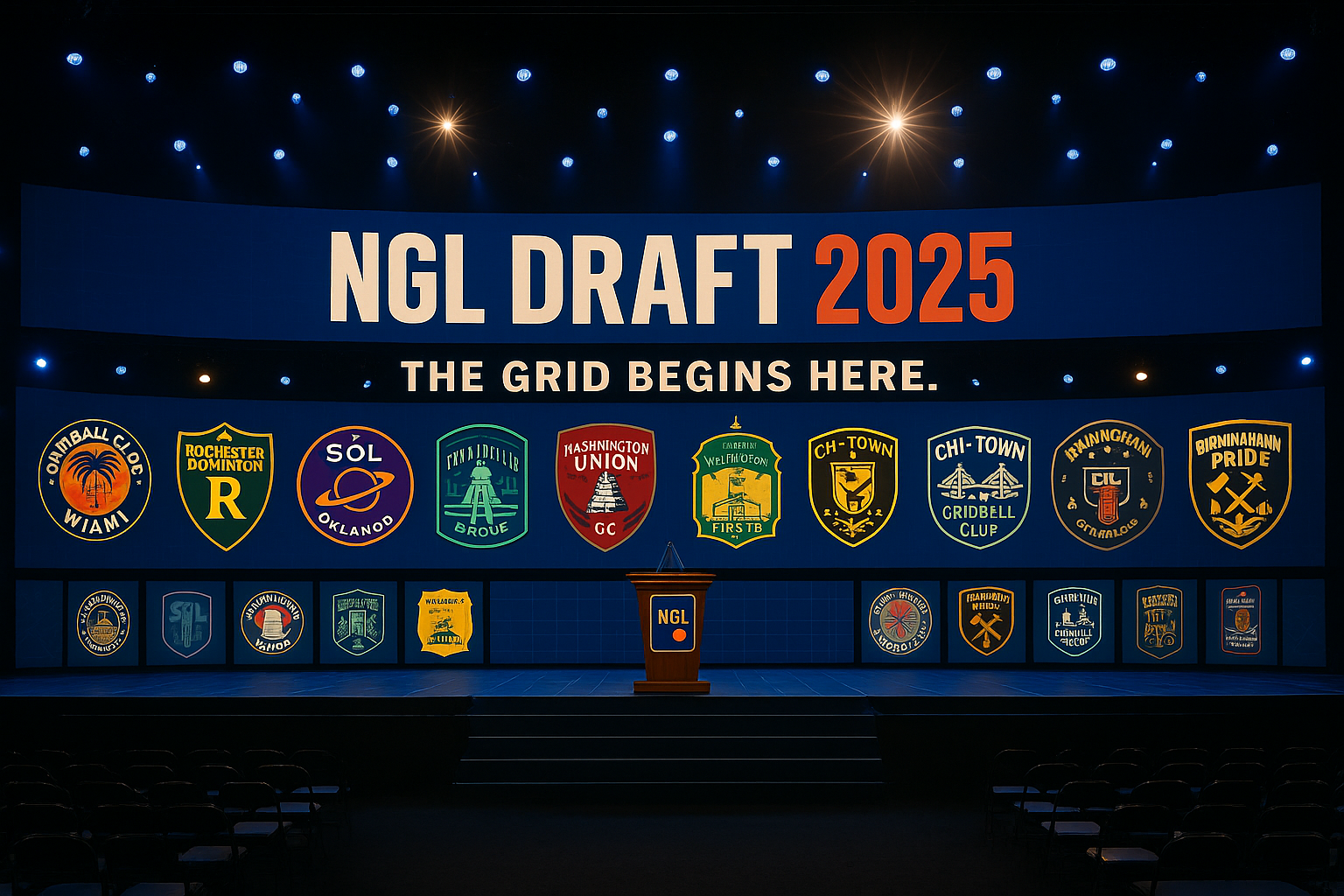 NGL Draft 2025 stage with all team logos