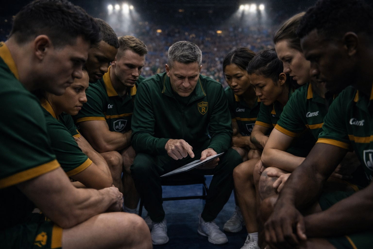 Rochester team huddle with coach