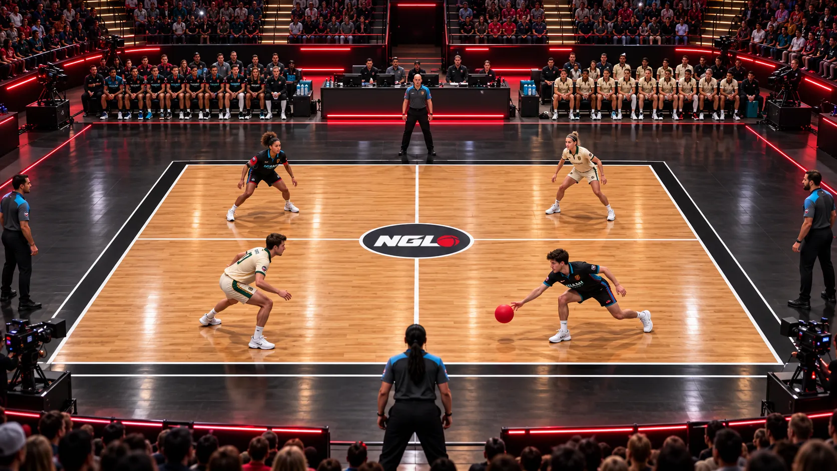 Concept rendering of a Gridball rally in a future arena: two Miami and two Rochester players, one in each quadrant, with four Officiators at the court sides