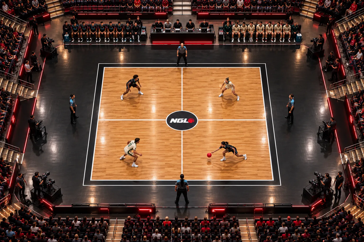 Concept rendering of a full arena around a compact Gridball court, with benches, Officiators and broadcast cameras