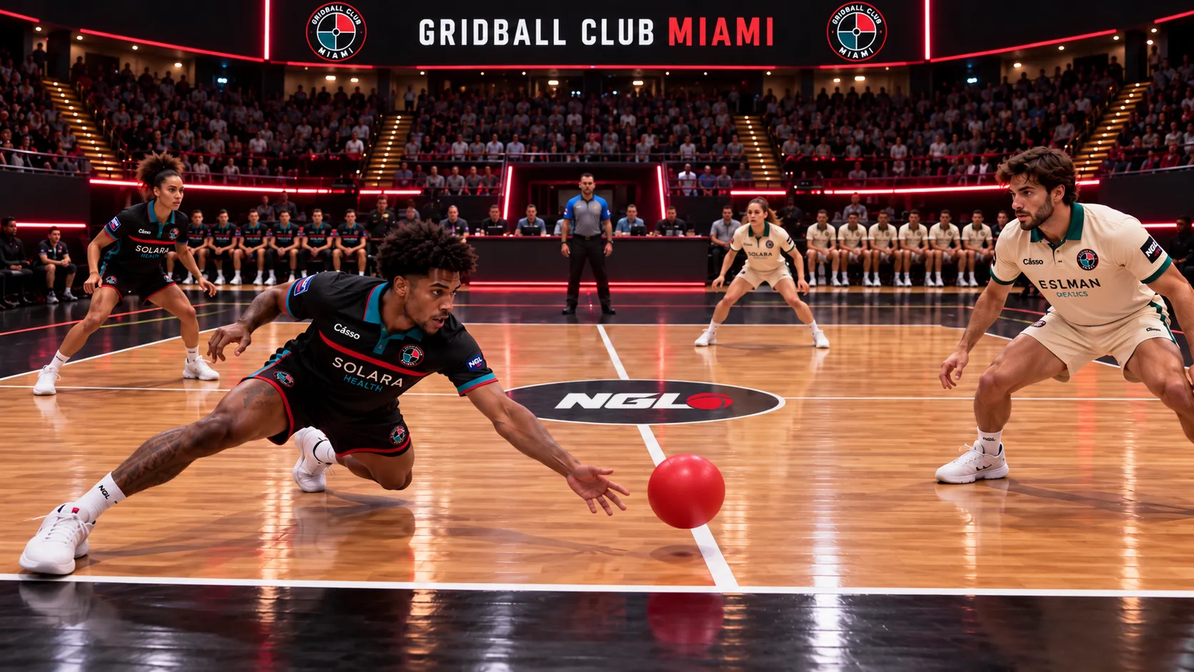 Concept rendering of a Miami player diving low to reach the red ball after its bounce, with Rochester players ready in the other quadrants