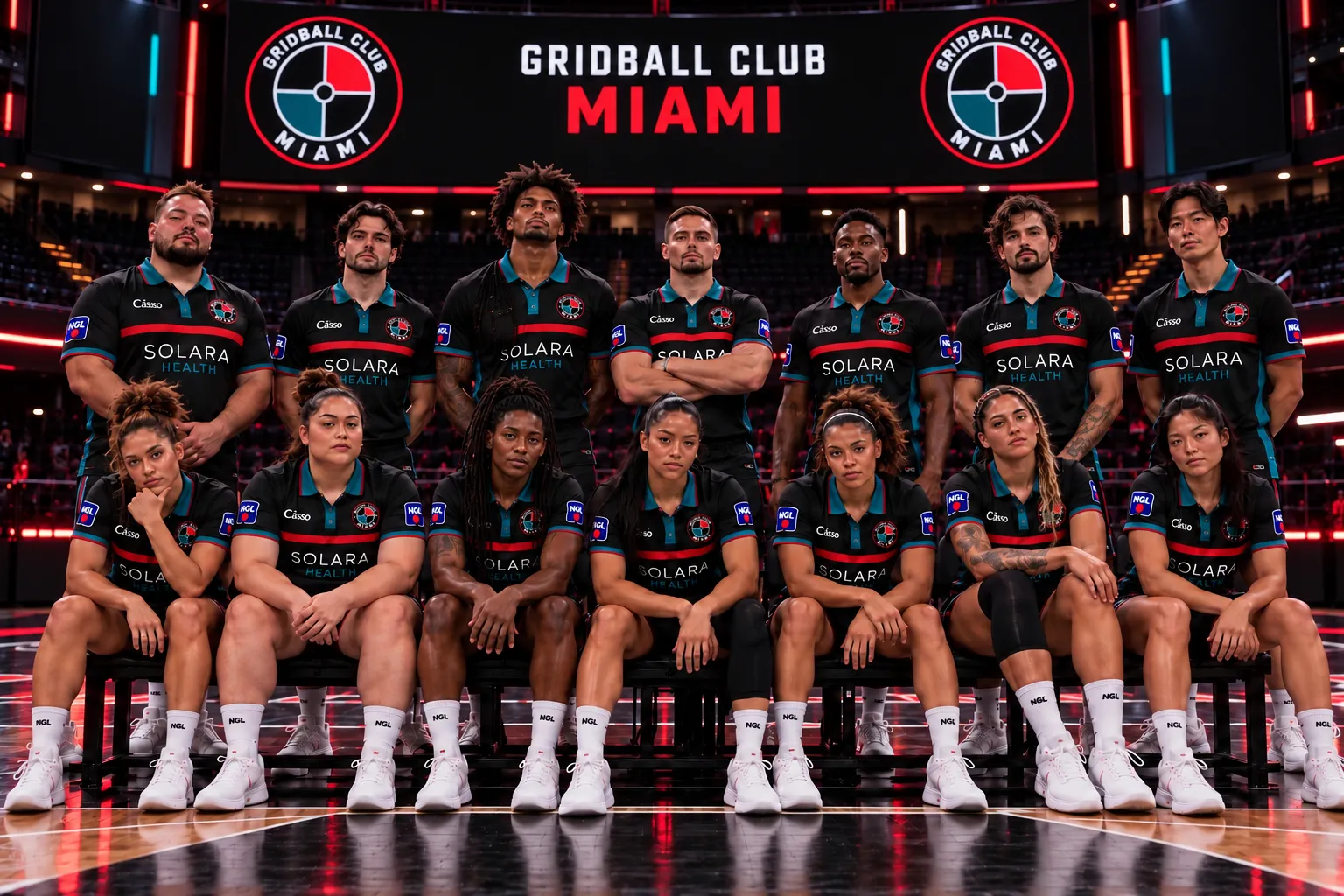 Concept rendering of a full Miami roster: seven men standing and seven women seated, in matching home kits