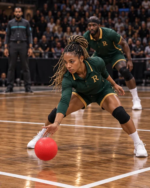 Concept rendering of a Rochester player in the green and gold home kit stretching low to return the red ball with an open hand
