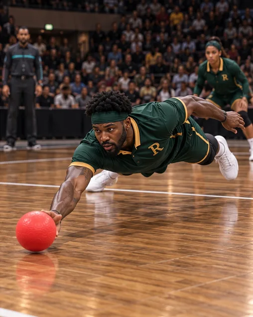 Concept rendering of a Rochester player in the green and gold home kit diving full length to reach the red ball in a low save