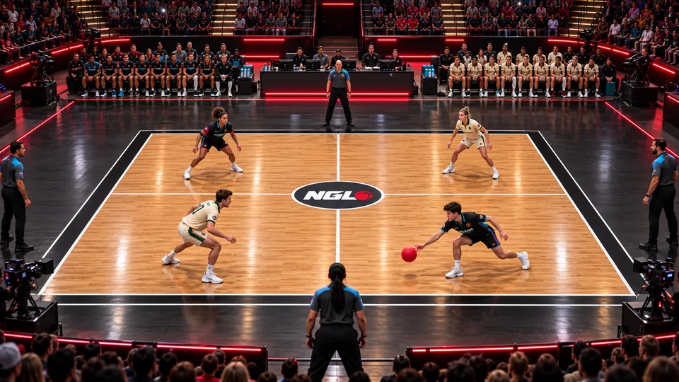 Concept rendering of a four-player Gridball rally on a hardwood court in an arena, with the NGL logo at center court