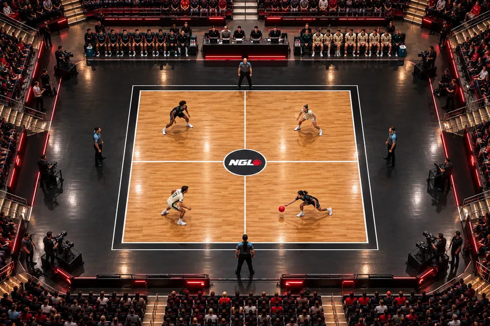 Concept rendering of the Grid seen from above in an arena, with four players and four Officiators