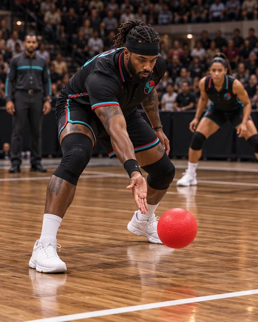 Concept rendering of a player serving underhand, releasing the red ball low across a hardwood court