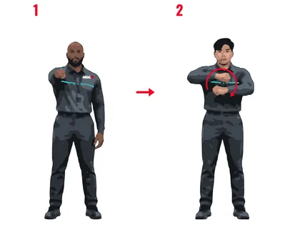 Two-step illustration of an Officiator pointing at a player, then winding the forearms around each other
